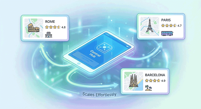 Scales Effortlessly - Central Hub connecting Rome, Paris, and Barcelona destination portals